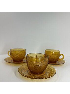 Tiara Indiana Amber Glass Sandwich Tea Cup Saucer 6 Pcs Vintage Floral Pressed